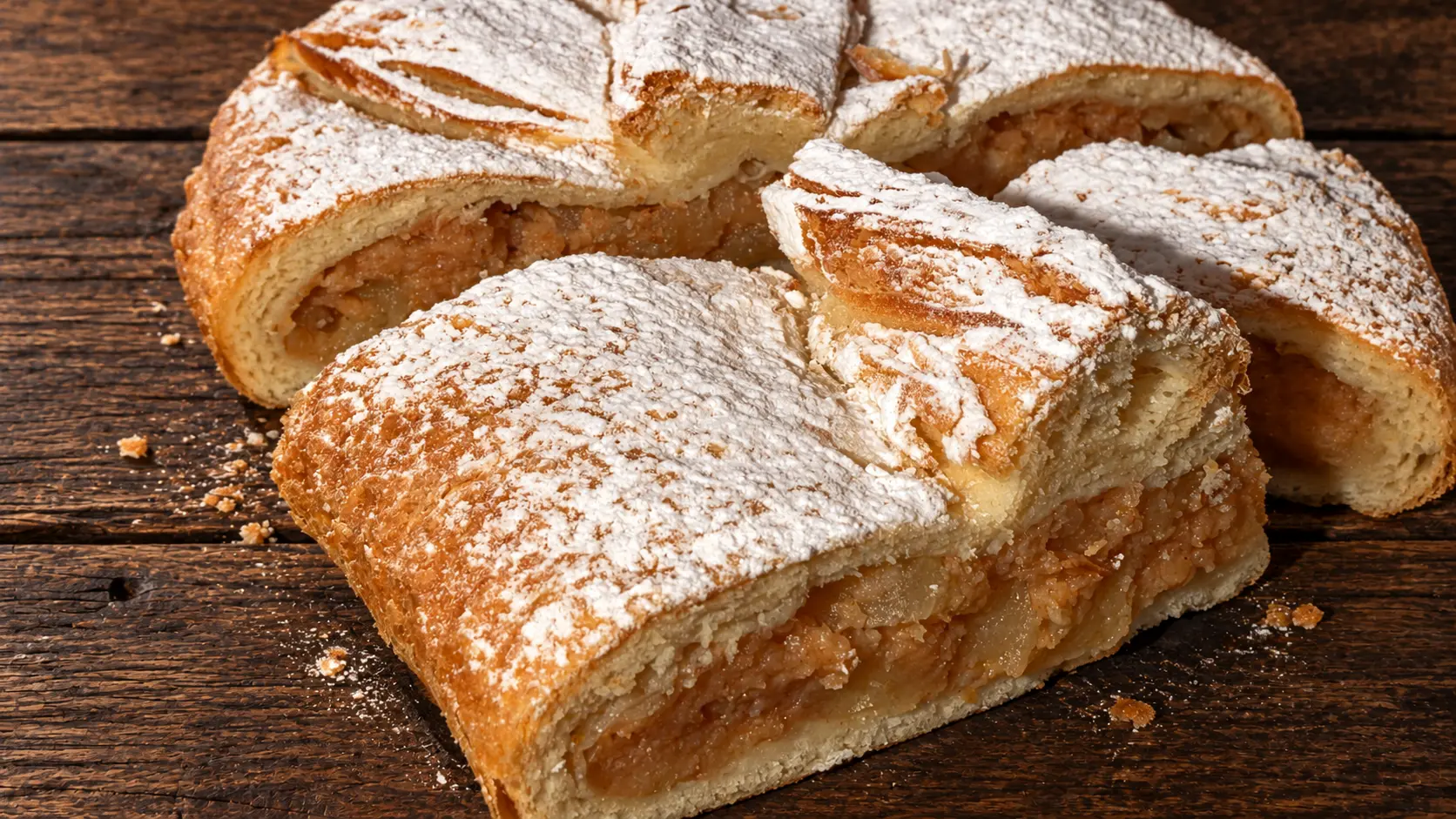 Aufgeschnittener Apfelstrudel mit Staubzucker